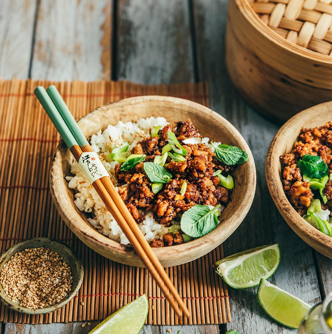 Sticky tempeh au gingembre, riz au lait de coco